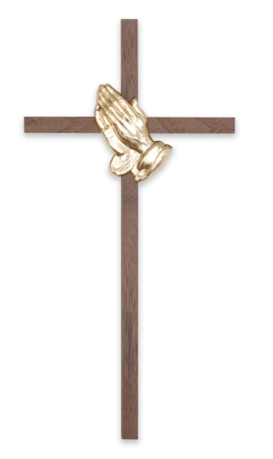 10" Walnut Cross Praying Hands (Bright Gold)